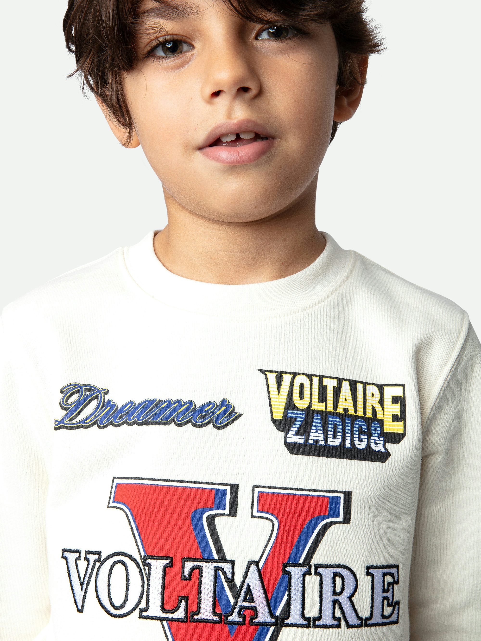 Felpa Simba Ragazzo - Felpa da ragazzo in cotone felpato ecru decorato con illustrazioni, ricami e gomiti imbottiti.